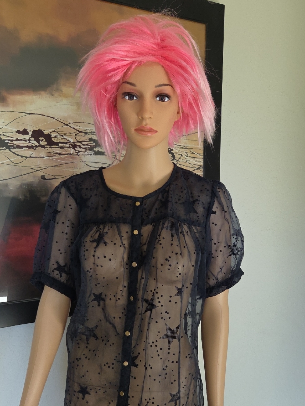 Sheer Navy Star Button-Front Blouse